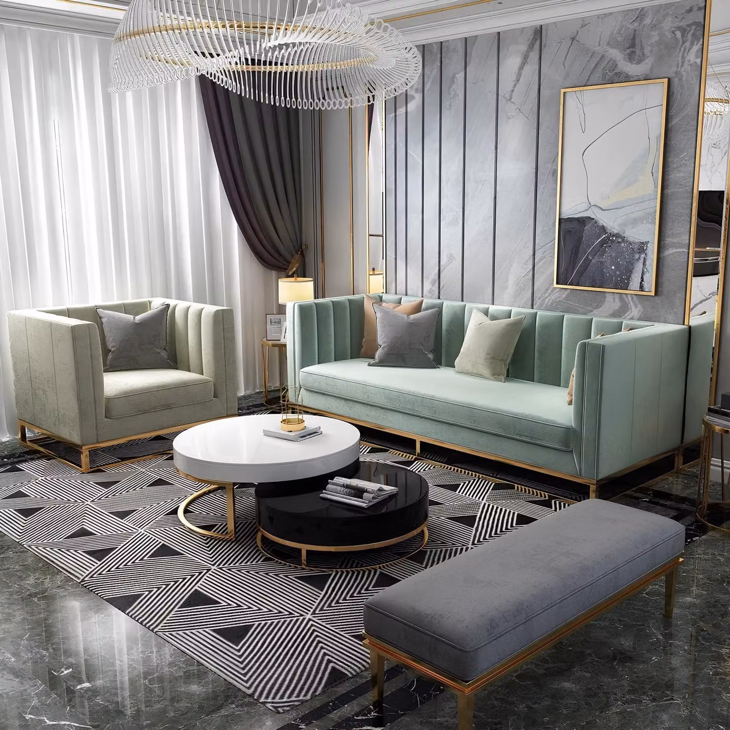 Design Luxus Wohn Zimmer Möbel Italien Leder Metall Sofa Couch Garnitur 3+1+1