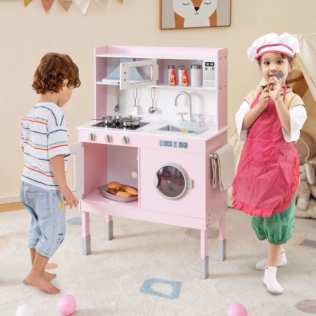 Set cucina giocattolo in legno Costway con cappa e lavatrice, accessori, suoni e luci, colore rosa