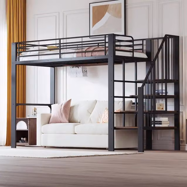 Letto a soppalco 90x200 cm in metallo con scala e spazio contenitivo sotto il letto