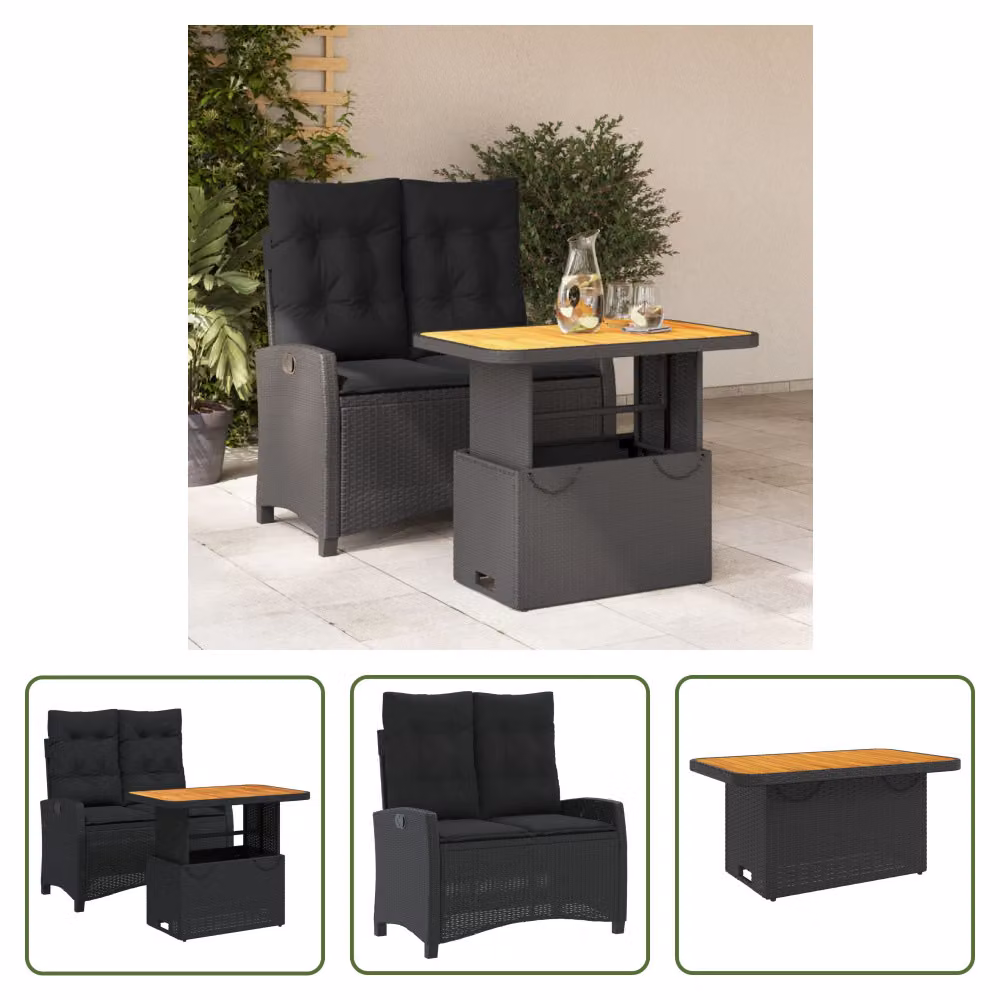 The Living Store Set da pranzo da giardino a 2 pezzi con cuscini in poly rattan nero