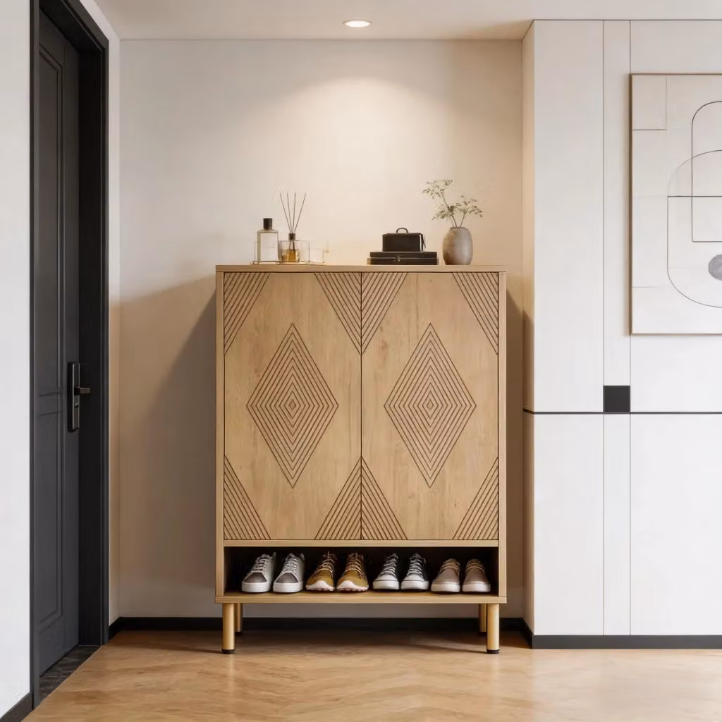 Scarpiera moderna Mivray in legno marrone con ante a battente e vano aperto per ingresso e corridoio – 2