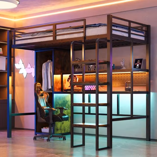 Letto a soppalco 90 × 200 cm con scrivania, armadio, mensole e illuminazione LED, senza materasso, nero