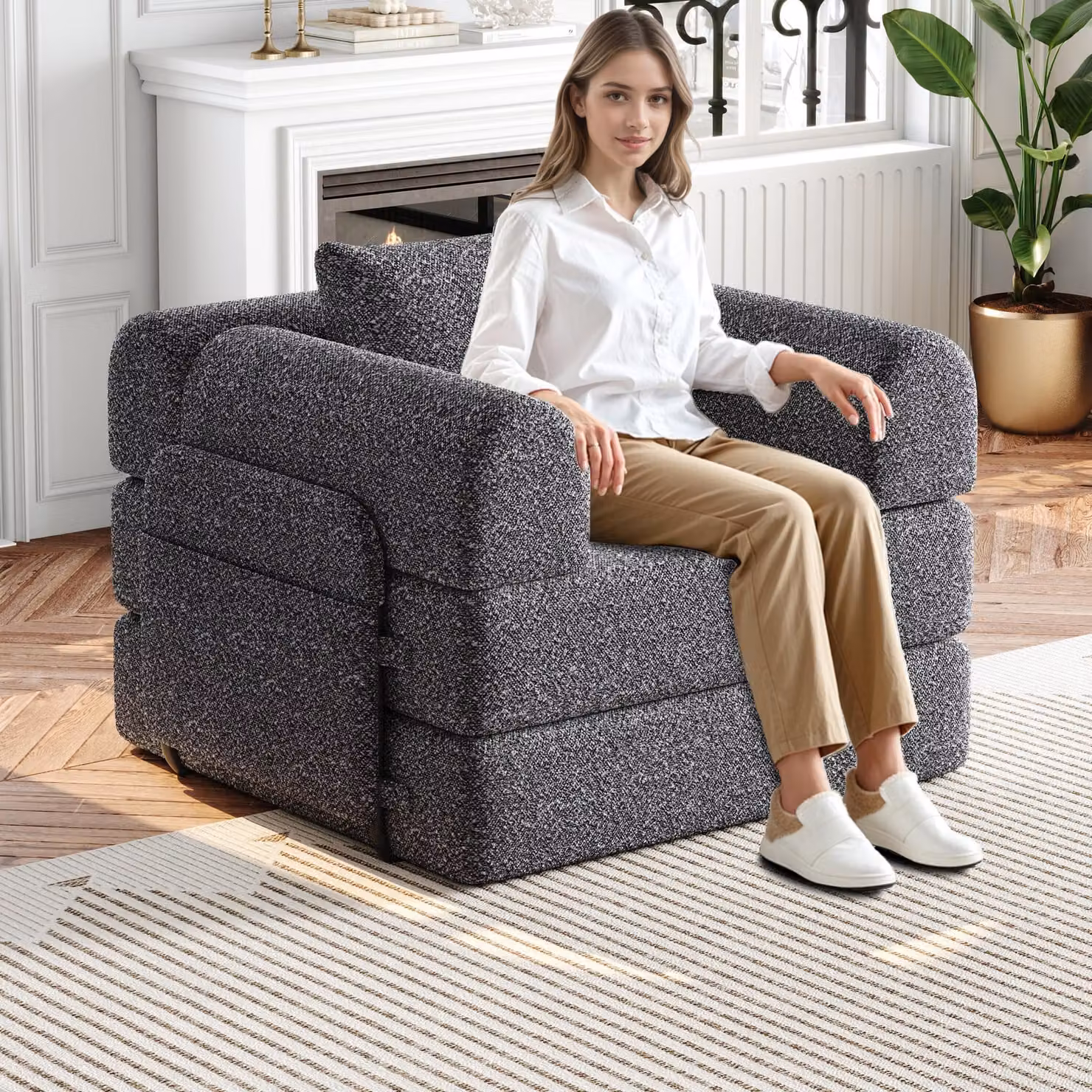 MODFU divano letto in ciniglia 2 in 1 con vano portaoggetti nel bracciolo, divano pieghevole imbottito con tre telai in metallo e diverse opzioni di configurazione, grigio