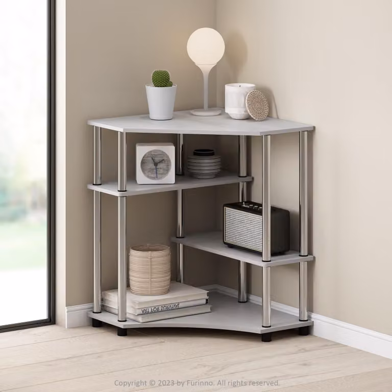 Scaffale a parete in legno composito, con 4 ripiani, finitura bianco rovere/acciaio inossidabile