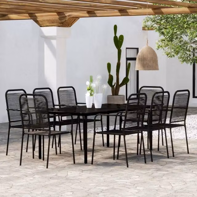 Set da pranzo moderno vidaXL per giardino e terrazza in metallo e vetro nero, 9 pezzi