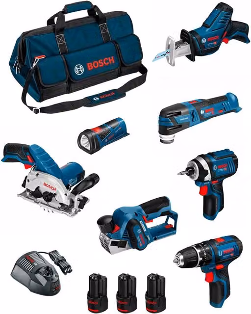Kit utensili Bosch BMKB7-28ED3 blu con 7 elettroutensili a batteria e 3 batterie da 2,0Ah