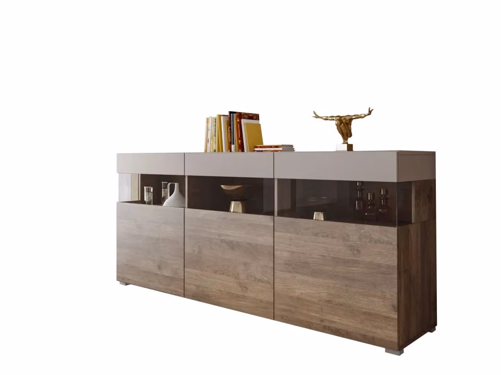 Madia DMORA Fanna, Credenza Moderna in Legno e Vetro per Cucina e Soggiorno, Marrone e Beige, L: 180 cm, P: 41 cm, H: 80 cm – 2