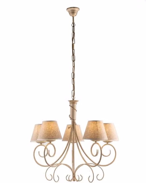 Lampadario 5 Luci Vienna Ferro Avorio E Oro Con Paralumi In Pvc