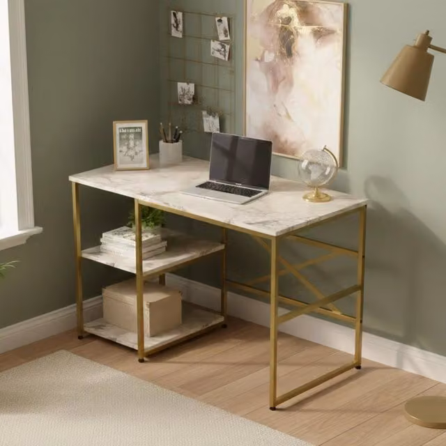 Scrivania moderna DMORA Scorpius con 2 ripiani, bianco e oro, L 120 x P 60 x H 75 cm