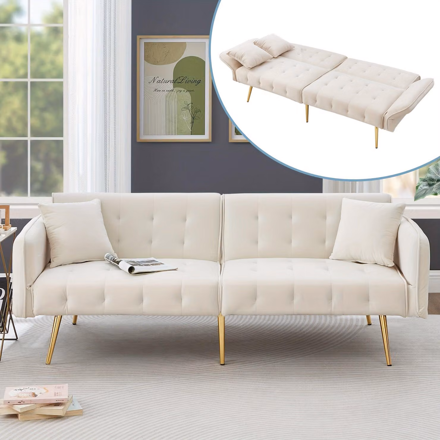 Divano letto - Letto a scomparsa - Divano trasformabile - Divano - Letto per ospiti - Design moderno, colore bianco - Schienale e braccioli regolabili