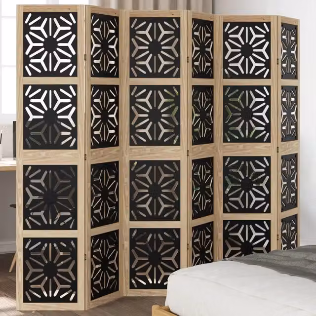 Divisorio Ambienti Moderno vidaXL in Legno di Paulownia con 6 Pannelli Geometrici, Marrone e Nero, H: 180 cm, L: 215 cm