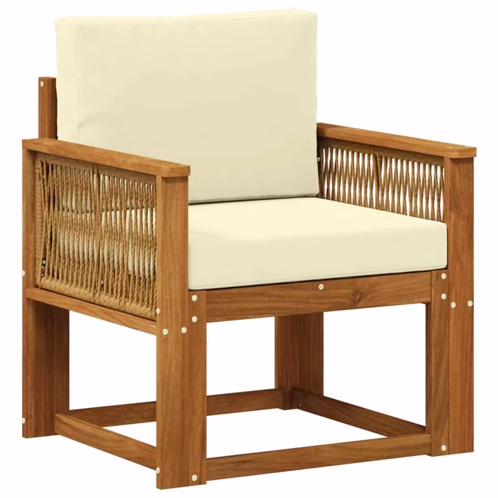 Divano centrale componibile da esterno in legno di acacia massello naturale con cuscini beige e tessuto resistente ai raggi UV – 2