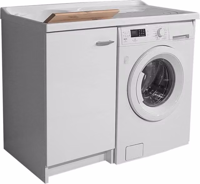 Lavatoio e Coprilavatrice 109x60x89cm Asse in Legno Montegrappa Marella Bianco Sinistro con Cesto