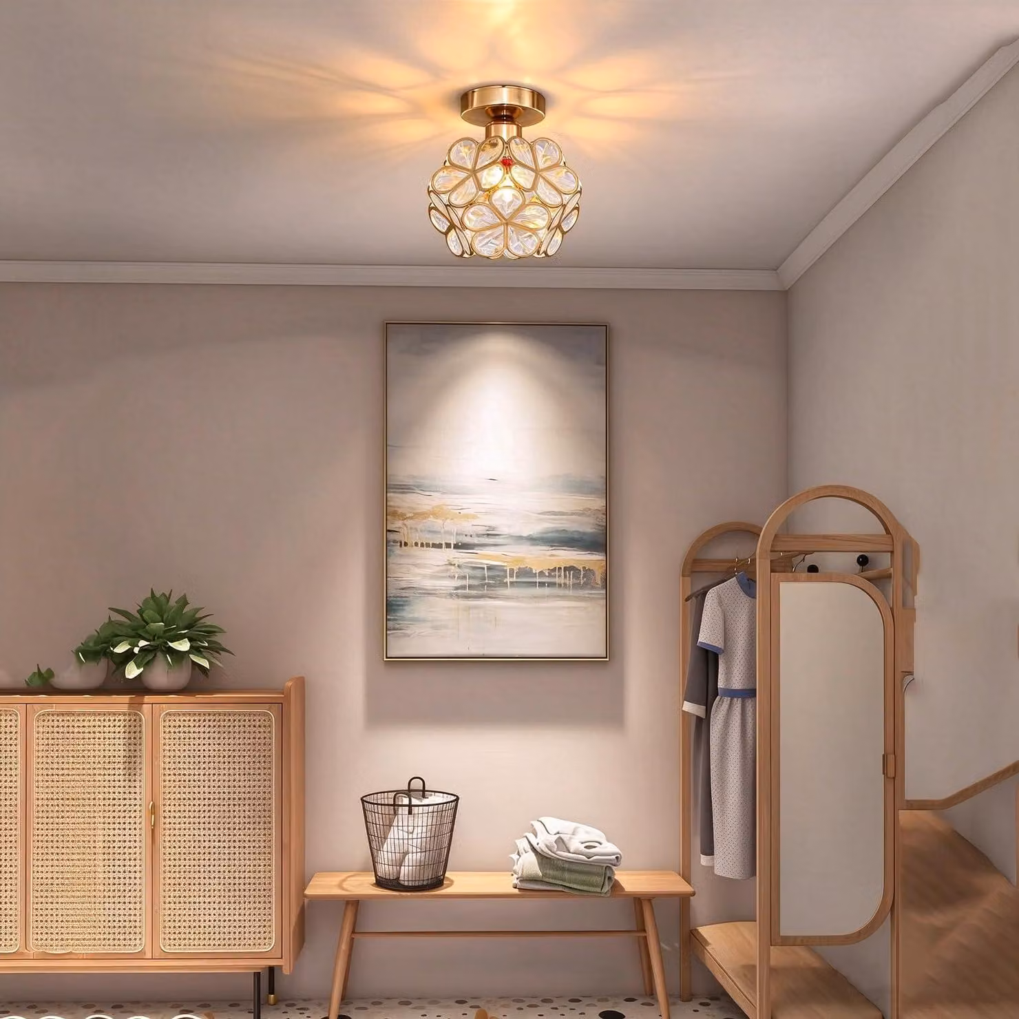 Lampada a soffitto con elementi decorativi a forma di petali in acrilico, attacco E27, colore oro, diametro 20 cm