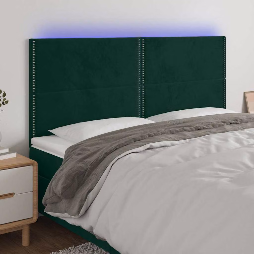 Testiera per letto vidaXL in velluto verde scuro con illuminazione LED integrata e porta di ricarica USB, L: 200 cm, H: 128 cm, P: 5 cm