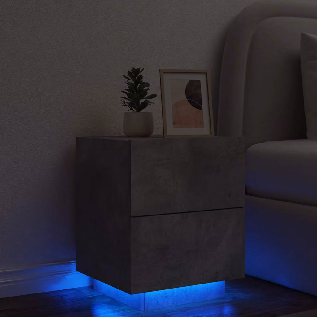 Comodino moderno vidaXL in legno multistrato grigio con luci LED integrate e porta USB L/P/H: 40 x 55 x 45 cm