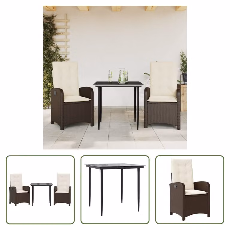 The Living Store Set da pranzo da giardino in 3 pezzi con cuscini in poly rattan marrone