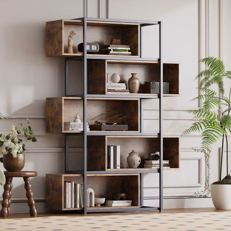 MODFU Mobile da cucina, Libreria, Vetrina, Mobile portaoggetti, Comò, finitura in legno marrone con struttura in acciaio nero, nero + marrone, 5 ripiani