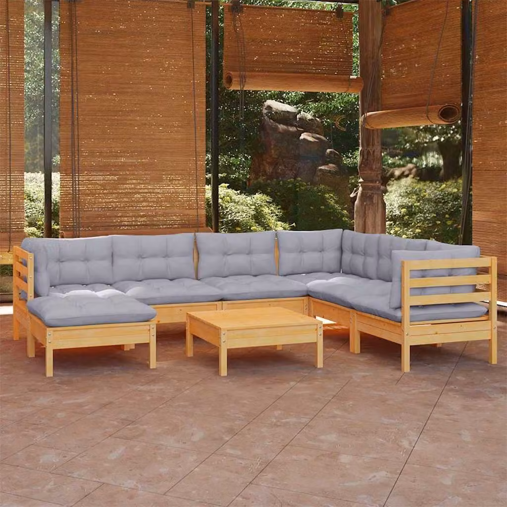 Set Divani da Giardino vidaXL 8 pz in Legno di Pino Massello con Cuscini Grigi e Design a L Moderno