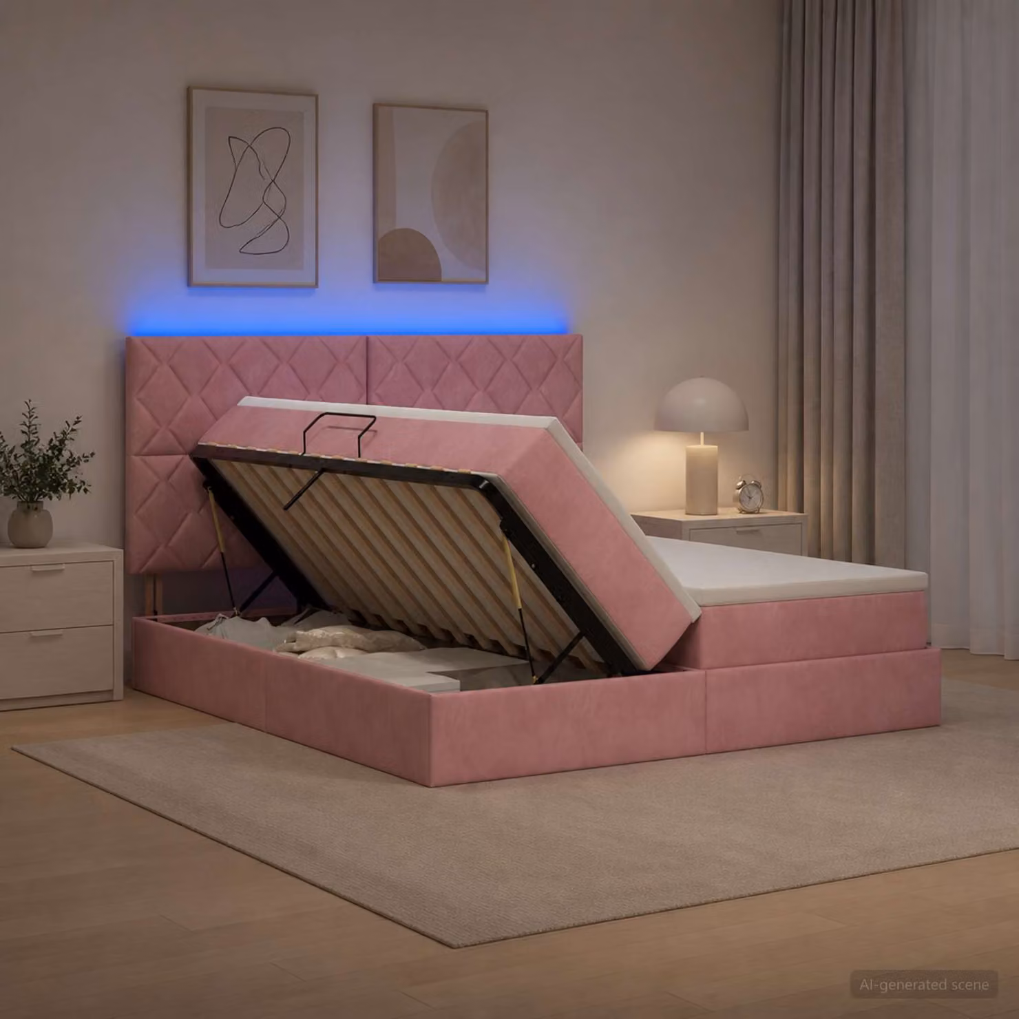 Letto con contenitore e materasso ibrido vidaXL in velluto rosa con illuminazione LED e porta USB L/P/H: 180 x 200 x 128 cm