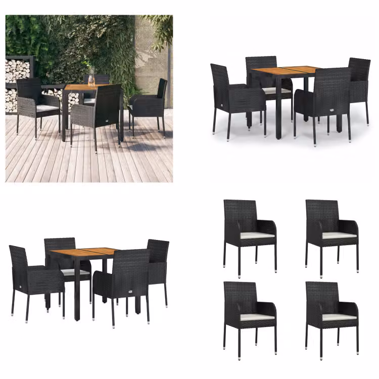 vidaXL Set da pranzo da giardino 5 pezzi con cuscini in poly rattan nero - Set da pranzo da giardino - Set da pranzo da giardino - Set da pranzo da terrazza