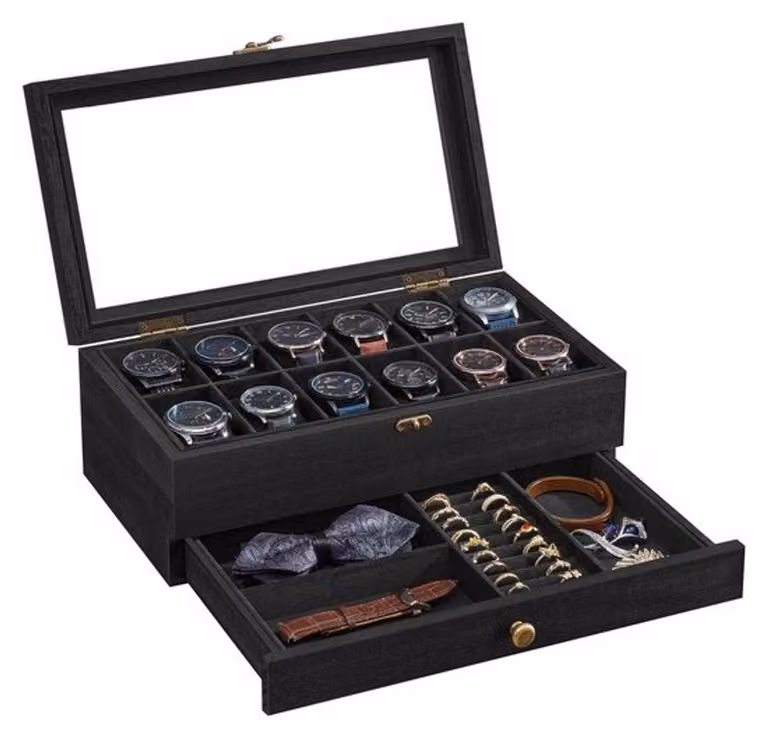 Scatola per orologi con 12 scomparti - Scatola in legno per orologi - Contenitore per gioielli - Coperchio in vetro - Elegante e rustica - Materiali di alta qualità