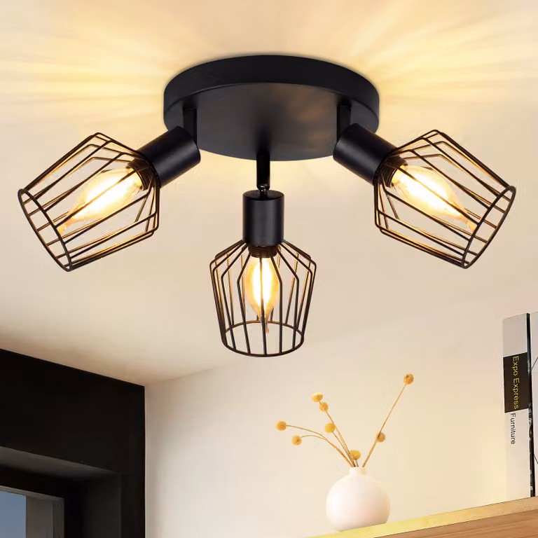 ZMH Faretto da soffitto nero a 3 fiamme - Faretto da soffitto rotondo E14 Faretti da soffitto orientabili Spot da soffitto vintage ruotabili a 350° Lampada da parete per bagno Corridoio corridoio
