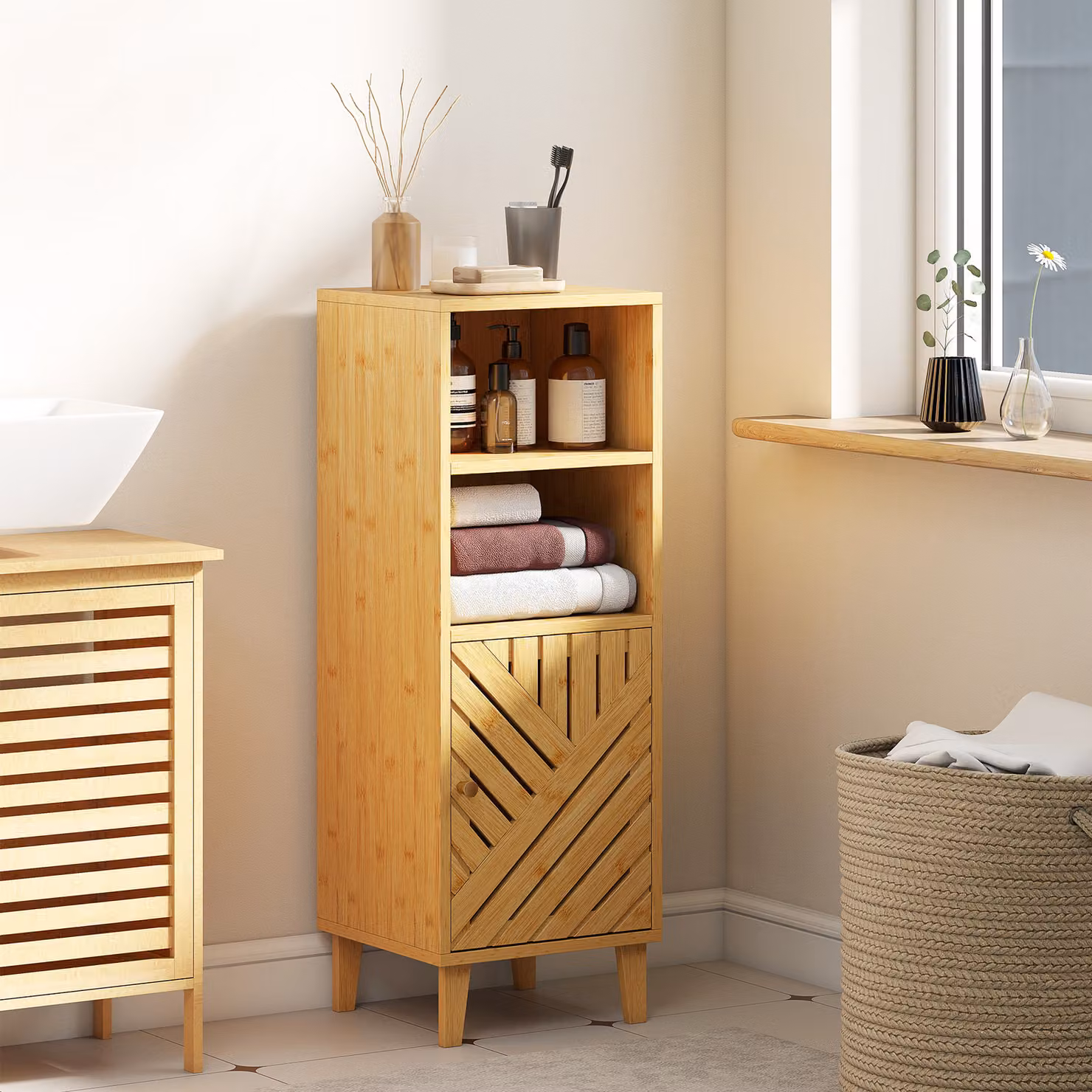 Armadio da Bagno Stretto HOMCOM con 2 Ripiani Aperti e Gambe in Bambù, Colore Naturale, L/P/H: 32 x 30 x 90 cm – 2