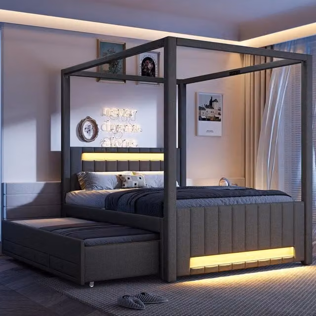 letto a baldacchino imbottito lino mdf grigio 140 x 200 cm