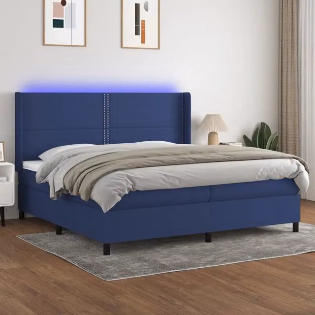 Letto a molle con illuminazione LED blu e porta USB vidaXL in tessuto bianco e blu L/P/H: 203 x 200 x 76 cm – 1