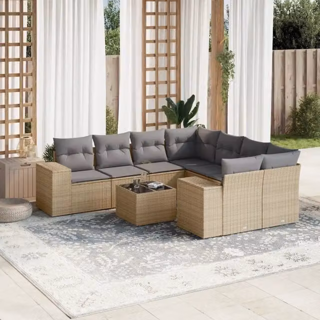 Set Divano da Giardino 9 pz con Cuscini Beige in Polyrattan 3222358