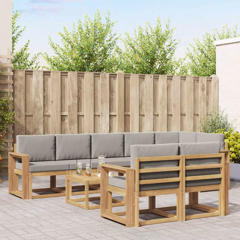 vidaXL Set di divani da esterno a L in legno di acacia con tavolo da caffè, 9 pezzi, Bianco, Grigio e Marrone