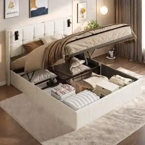 UnboxG Letto imbottito 140x200cm, letto matrimoniale, testata con vano contenitore, illuminazione a LED sulla testata del letto, con vano contenitore idraulico, lino, beige