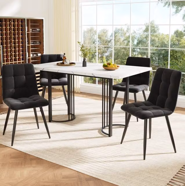 Set da pranzo 5 pezzi con tavolo allungabile 140x80 cm e 4 sedie in velluto nero con struttura in metallo