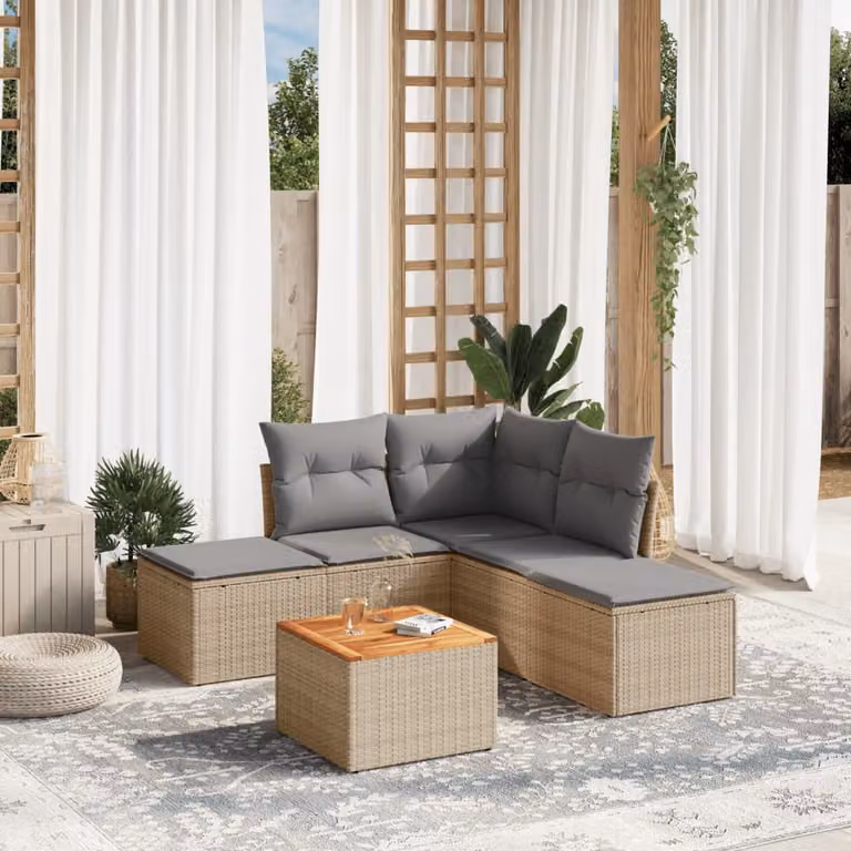 vidaXL Set Divano da Giardino 6 pz a L in Polyrattan con Cuscini Beige e Tavolino, Resistente ai Raggi UV