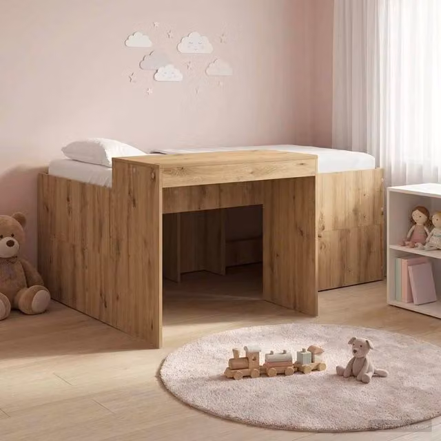 Letto singolo rialzato per bambini vidaXL con scrivania e cassetti, colore rovere, L: 200 cm, P: 120 cm, H: 163 cm – 1