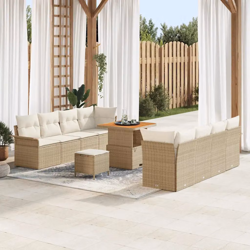 Set Divano da Giardino vidaXL a Forma a U con Cuscini Beige e Tavolino, 11 Pezzi – 1
