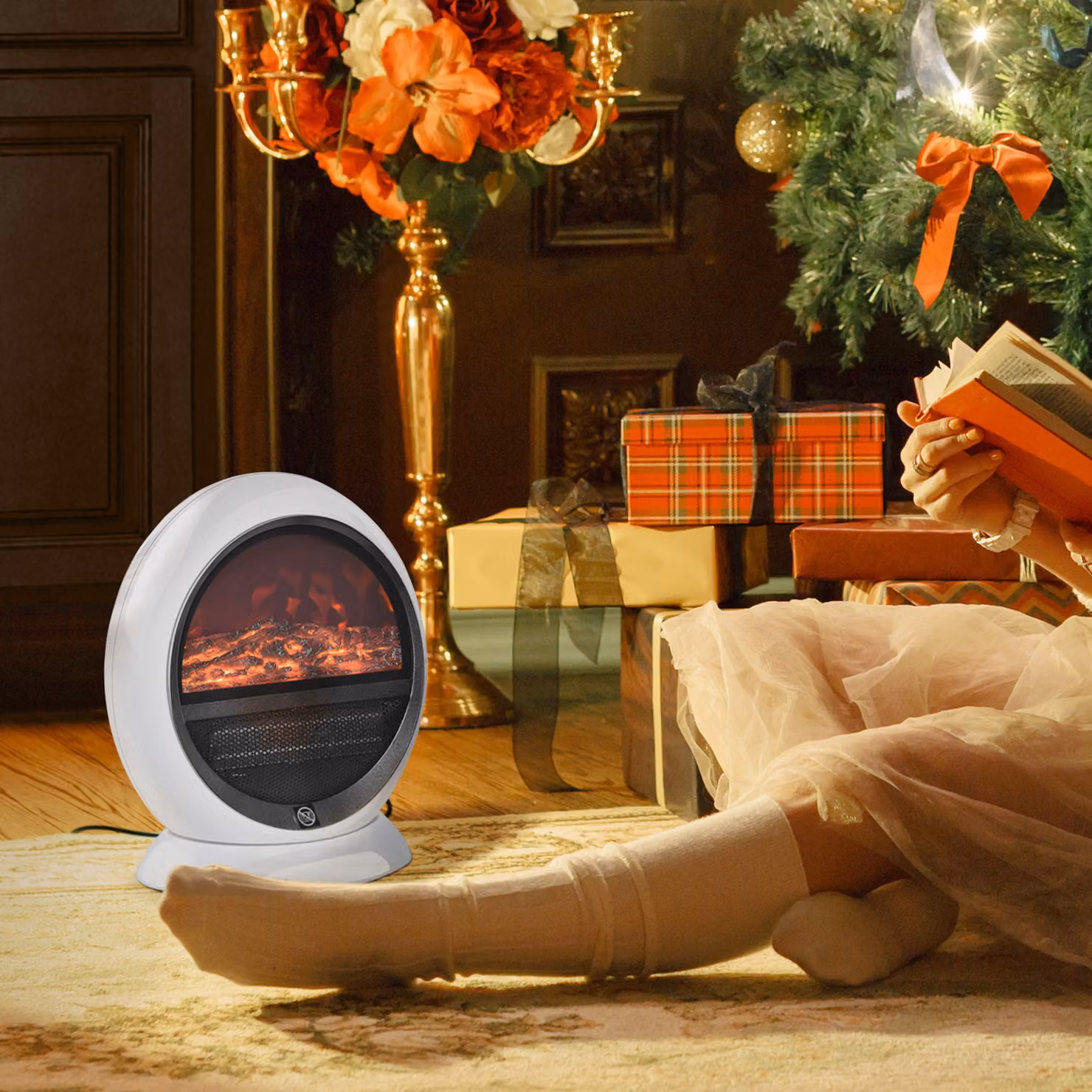 Camino Elettrico da Terra HOMCOM con Effetto Fiamma Regolabile, Finestra in Vetro, 1500W, Bianco – 2