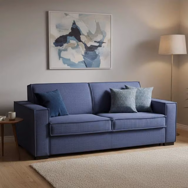 Divano Letto Adalberto Talamo Italia, Sofà 3 Posti con Apertura Girevole e Braccioli Slim, Rivestimento in Tessuto Blu, L: 200 cm, P: 95 cm, H: 90 cm