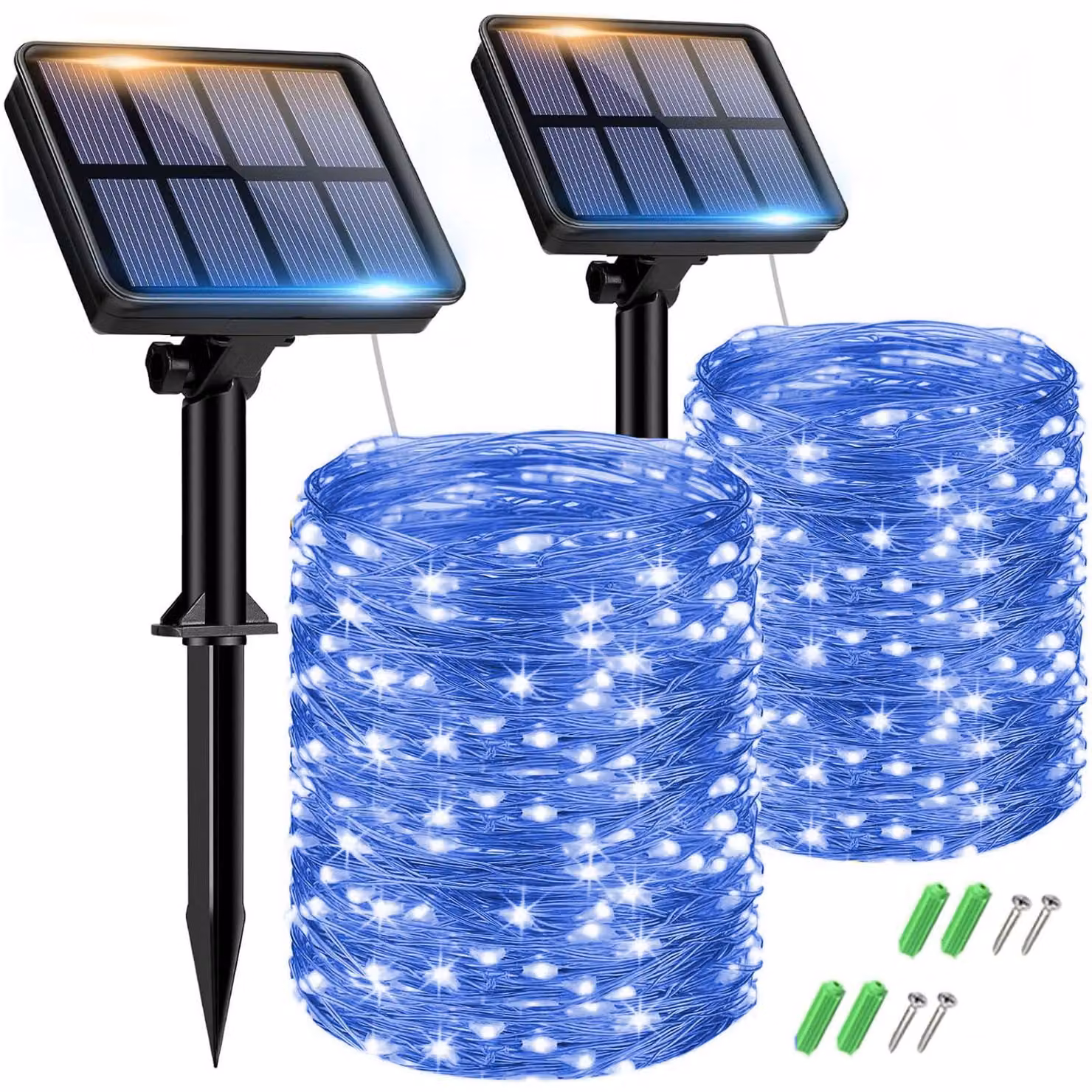 Catena luminosa solare, 2 x 15 metri, 150 LED, luce calda, grado di protezione IP65, 8 modalità, colore blu