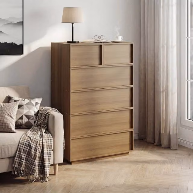 Comò OKWISH con 6 cassetti in rovere, design moderno per camera da letto e soggiorno, L: 80 cm, P: 48 cm, H: 127 cm