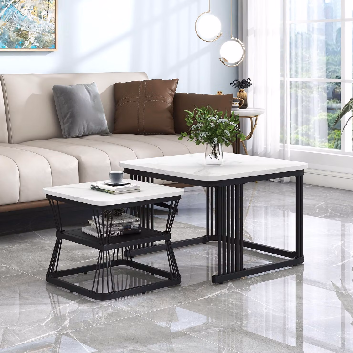 set di 2 tavolini moderni okwish, tavolino in PVC effetto marmo, tubo in acciaio nero opaco (dimensioni 65x65x45 cm e 45x45x39,5 cm)
