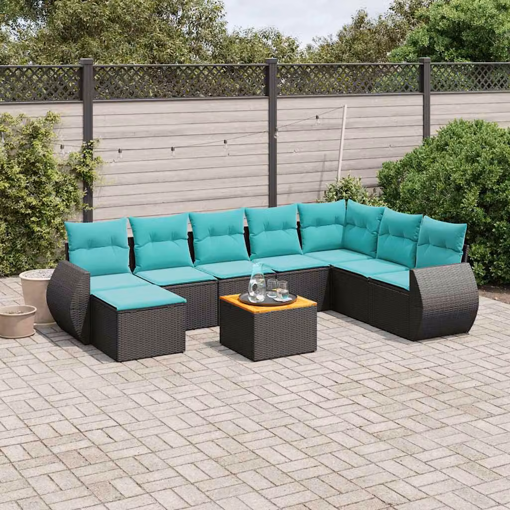 Set di divani da giardino vidaXL in polyrattan nero con cuscini, tavolino e pouf, design moderno a L