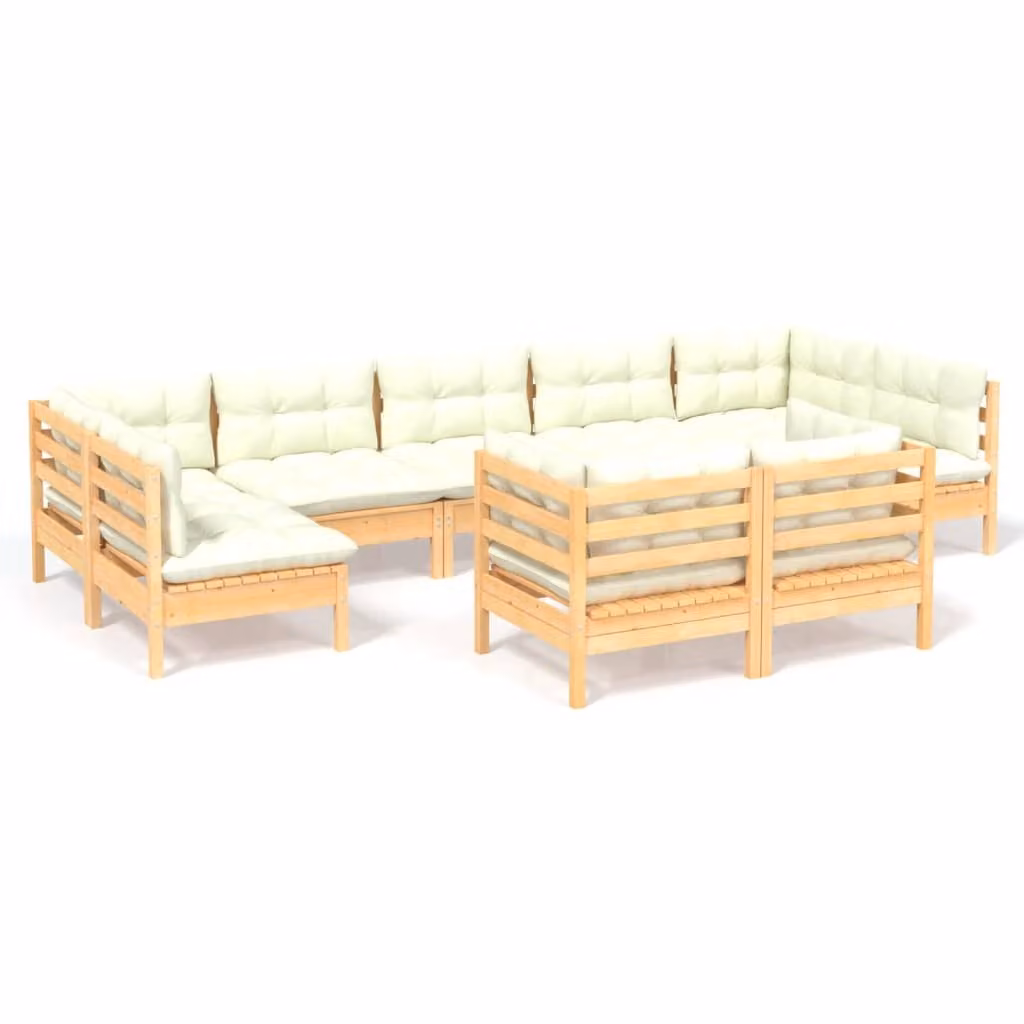 Set Divani da Giardino 9 pz con Cuscini Crema in Massello di Pino