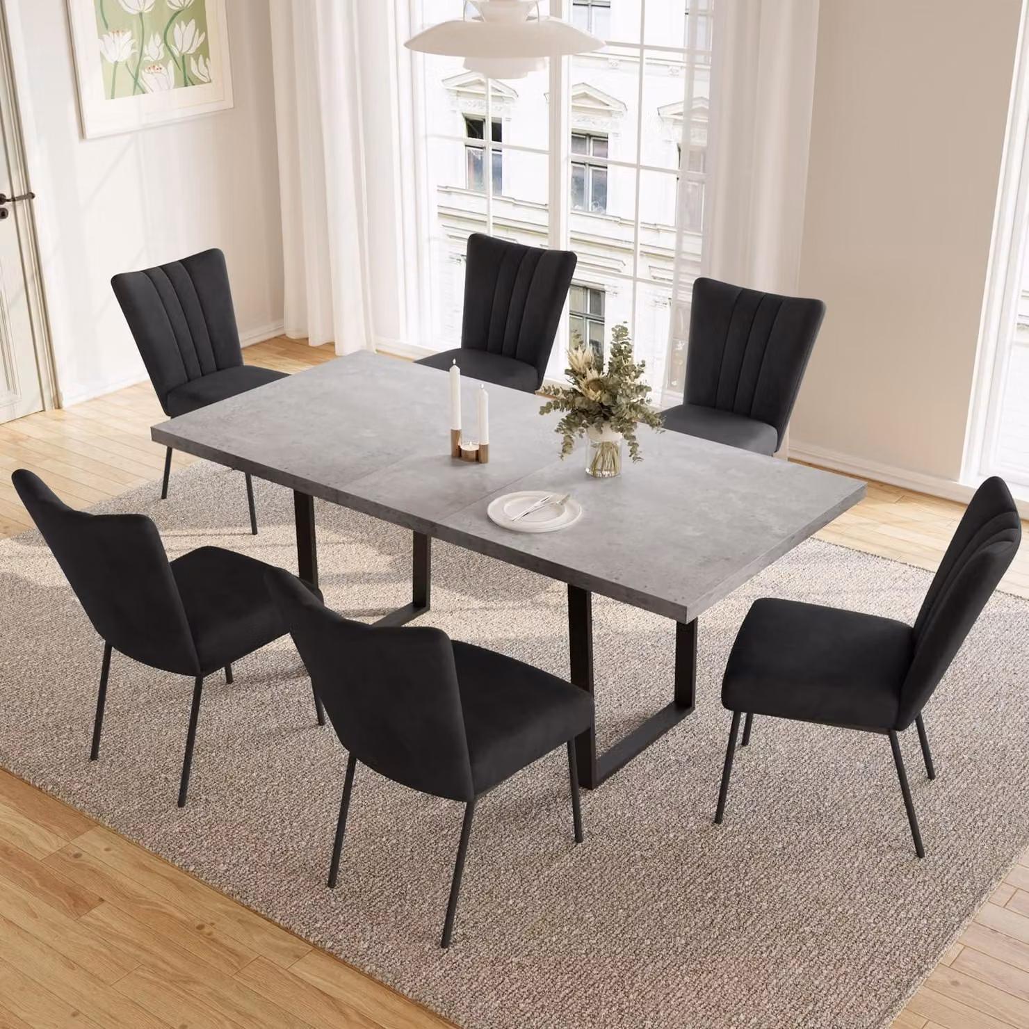 Tavolo da pranzo estendibile con 6 sedie, in MDF nero, con le seguenti dimensioni: lunghezza da 130 a 170 cm, larghezza 85 cm, altezza 76 cm