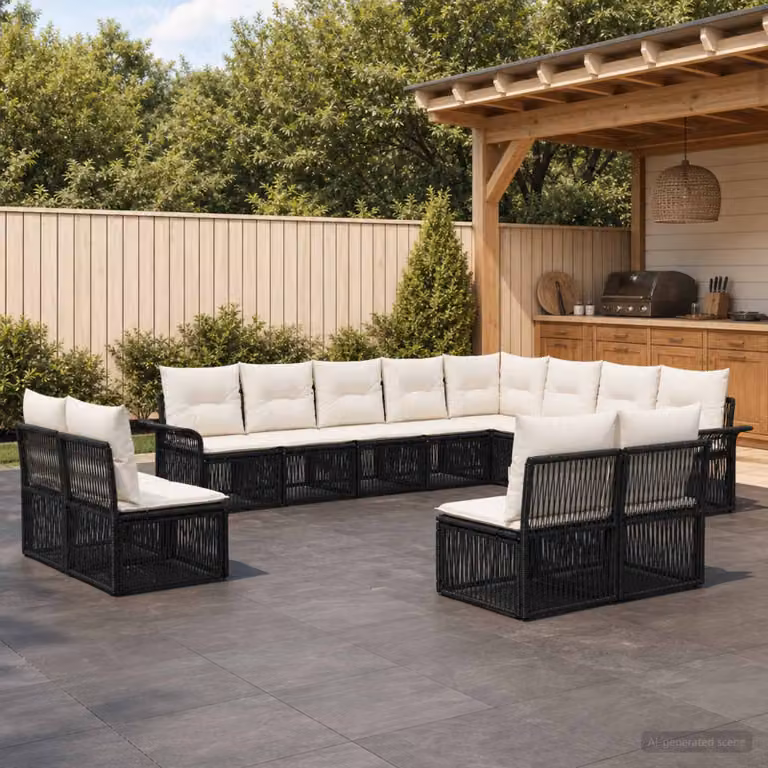 Set Divano da Giardino vidaXL a forma a U composto da 12 pezzi in Polyrattan Nero con Cuscini e Struttura in Acciaio