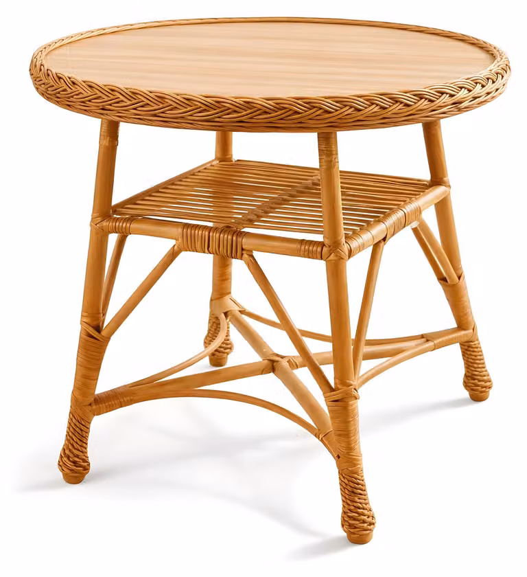 Tavolo rotondo in vimini con piano in legno