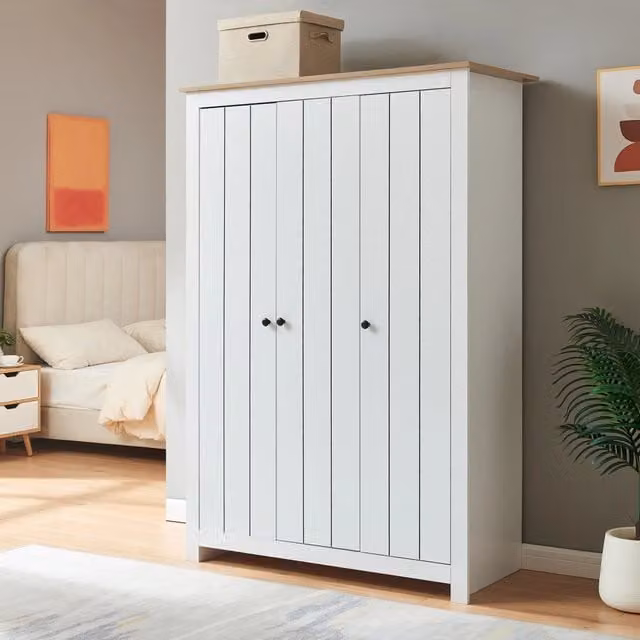 Armadio Guardaroba Vasand a 3 Ante con Barre Appenditi e Ripiani 175x120x52 cm Bianco / Effetto Rovere [en.casa]