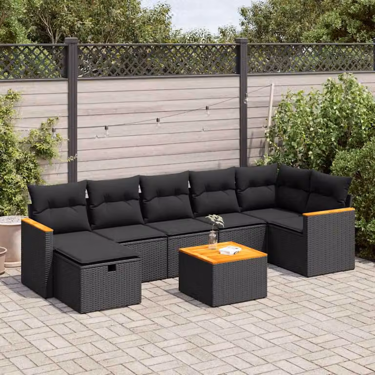 Set da giardino moderno vidaXL in polyrattan nero con cuscini e tavolino da esterno 8 pezzi