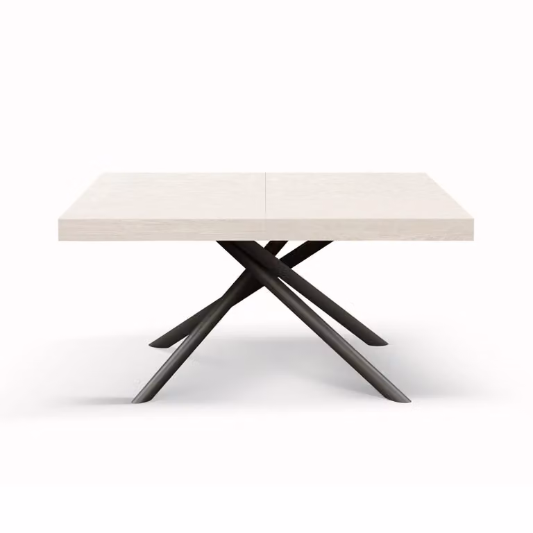 Tavolo CARRARA in legno, finitura bianco frassinato e base in metallo verniciato antracite, allungabile 140×90 cm – 220×90 cm